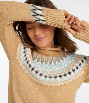 Women's Cotton Ragg Sweater, Funnelneck Pullover Fair Isle